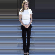欧洲站明星王妃同款高端职业套装夏季白色上衣黑色长裤两件套