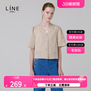 line韩国女装秋季V领修身纯色亚麻短袖衬衫AWBLLG0800
