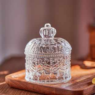 浮雕创意玻璃罐水晶复古咖啡玻璃糖果罐盅带盖首饰棉签储物罐