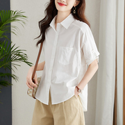 夏季白衬衫女中袖中长款宽松上衣韩版时尚，设计感纯棉衬衣
