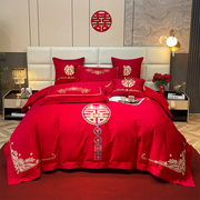新婚庆(新婚庆)四件套大红色，全棉刺绣结婚房喜被套六八十件套纯棉床上用品