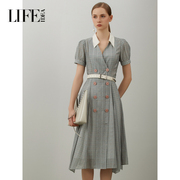品牌女装莱芙艾迪儿夏季法式复古连衣裙，双排扣格子衬衫裙