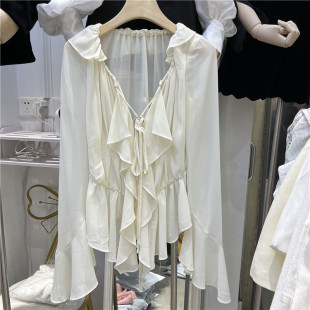 荷叶边喇叭袖系带雪纺开衫长袖上衣女2023春夏挂脖露肩衬衫