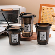黑色加厚一次性高档级咖啡杯商用带盖冷饮杯硬塑料网红奶茶店打包