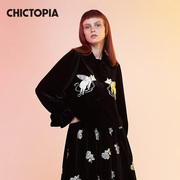 Chictopia刘清扬原创设计早春黑色小飞猪刺绣可爱优雅长袖外套