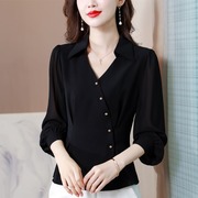 黑色雪纺衬衫女长袖，秋季2024设计感气质上衣时尚洋气时髦小衫