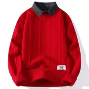 红色喜庆衬衫领假两件毛衣男红色，毛衣主推款青少年气质百搭