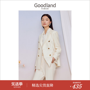 goodland美地女装，2023秋季双排扣米白色，轻商务西装外套