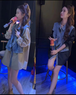 牛仔马甲拼接洋气时尚衬衫，女秋季设计感假两件宽松中长款衬衣外套