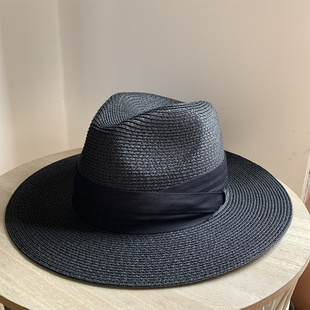 夏季黑色遮阳帽男女可折叠草帽子女，平沿宽檐礼帽巴拿马沙滩度假帽
