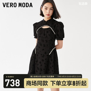 Vero Moda连衣裙2024春夏气质新中式改良旗袍镂空A摆泡泡袖▲