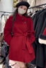 过年红色双面羊绒大衣女，短款秋冬系带修身显瘦立领羊毛呢外套