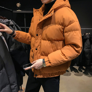 男士冬季面包服羽绒棉外套短款加厚棉衣橘色，潮流棉服韩版棉袄连帽