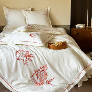 新中式风100s长绒棉，天丝棉纯棉四件套复古刺绣，提花被套床上用品