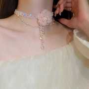 超仙水晶串珠粉色花朵项链珍珠轻奢锁骨链高级感夸张婚纱脖子配饰