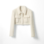 2023冬韩国羊毛超短箱型外套名媛气质白色单排扣娃娃领上衣小个子
