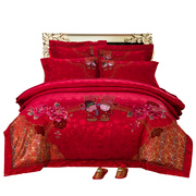 刺绣贡缎提花婚庆四件套厚蕾丝大红色结婚四件套床上用品