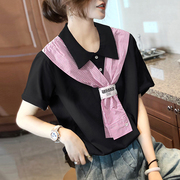 欧货时尚披肩短袖T恤女设计感拼接显瘦韩版黑色显瘦洋气翻领衬衫