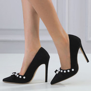 外贸黑色珍珠蝴蝶结尖头细跟鞋甜美日常超高跟大码单鞋 high heel