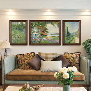 美式客厅装饰画沙发背景墙挂画大芬油画村三联画莫奈世界名画壁画