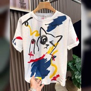 猫咪图案t恤男夏季圆领宽松半袖上衣，潮牌涂鸦印花男短袖体恤