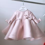 粉色公主裙长袖女童礼服缎面钢琴比赛蝴蝶结蓬蓬裙女宝宝周岁礼服