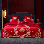 结婚庆被套床上四件套全棉纯棉刺绣喜被罩4件大红色婚房喜庆床品