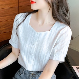 雪纺衫女短袖2023年夏季韩版宽松小衫白色，时尚泡泡袖t恤上衣