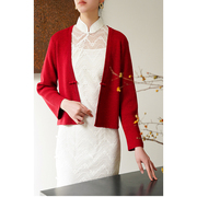 v领初春红色开衫弹力新中式外套搭配旗袍女毛衣短款