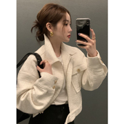 韩国chic秋季气质POLO领拉链设计纽扣装饰双口袋宽松长袖外套