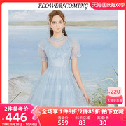 花儿开了2023夏季复古v领蕾丝网纱连衣裙，女高腰公主风蛋糕裙