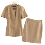 2023夏季职业装纯色简约短袖，单排扣开衫高腰包(高腰包，)臀半身裙套装两件套