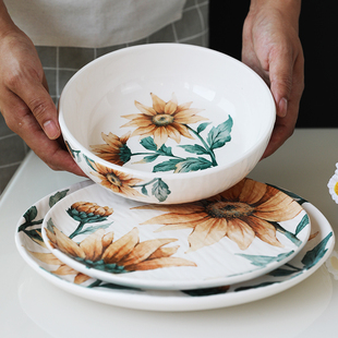  手绘向日葵陶瓷盘餐具套装釉下彩家用菜盘子深盘长盘