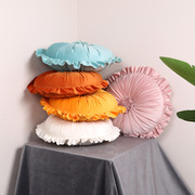 欧式圆形花朵抱枕轻奢丝绒，脏橘色木耳边沙发靠垫家居民宿床头靠枕