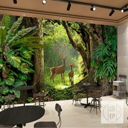 森林动物墙纸背景墙壁画风景主题热带雨林野鹿绿色植物大自然壁纸