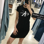 calvinkleinck女士夏季莫代尔，棉logo印花圆领，短袖t恤连衣裙