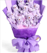 七夕情人节卡通花束，紫色泰迪熊公仔花束，小熊花束生日创意礼物