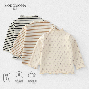 modomoma女童衣服春装公主女宝洋气木耳边条纹打底衫长袖上衣T恤