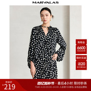 曼德诗V领系带设计感雪纺衬衫2025夏季新款撞色波点印花衬衣上衣