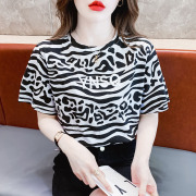韩国时尚豹纹t恤女短袖女装2024年夏季宽松印花刺绣纯棉上衣