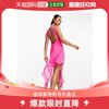 香港直邮潮奢asos女士，露背设计雪纺皱褶下摆，迷你桃红连衣裙