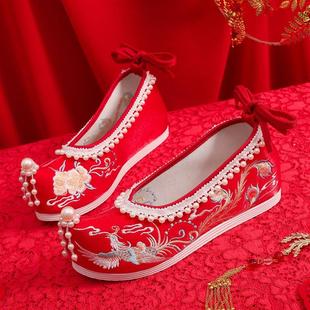 汉服鞋子女夏季中式秀禾服婚鞋新娘结婚绣花鞋古风内增高布鞋红色