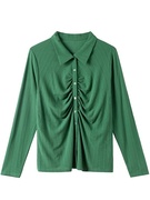 绿色翻领纯色褶皱衬衫纽扣显瘦运动大码休闲减龄洋气百搭长袖