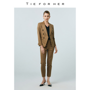 TieForHer OL系列卡其色西装外套女通勤双排扣职场两件套装