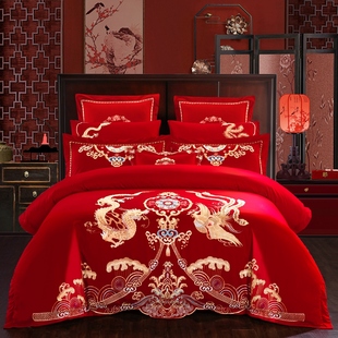 大红色婚庆结婚四件套婚，床上用品全棉纯棉高档新房，礼中式龙凤刺绣