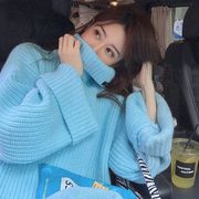 2023秋冬季蓝色高领毛衣女复古日系慵懒风设计感小众针织上衣