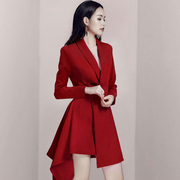 长袖红色小礼服裙子西装连衣裙西服女时尚高腰气质春秋不规则韩版