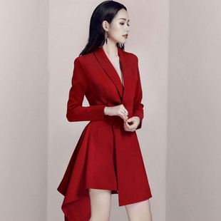 长袖红色小礼服裙子西装连衣裙，西服女时尚高腰，气质春秋不规则韩版