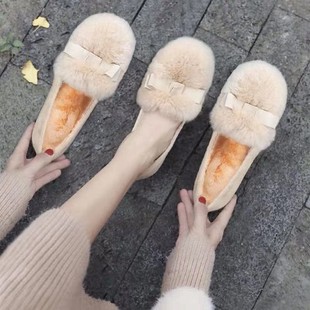 毛豆豆(毛豆豆)鞋女鞋子，秋冬季外穿加绒单鞋2023时尚平底百搭豆豆鞋棉