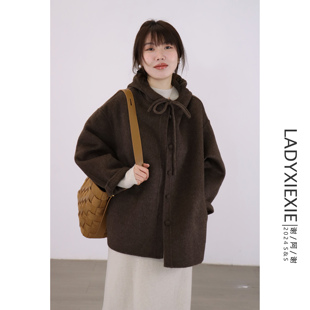 ladyxiexie韩系慵懒宽松斗篷，连帽双面羊绒大衣女高级感超好看外套
